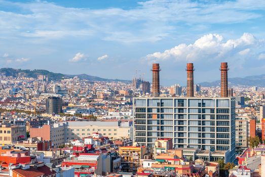 Panoramic aerial view of Barcelona in a beautiful summer day, Catalonia, Spain