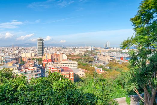 Panoramic aerial view of Barcelona in a beautiful summer day, Catalonia, Spain