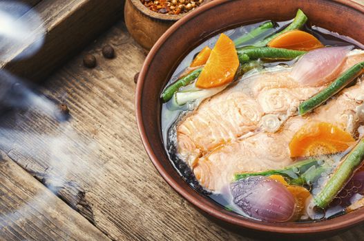 Appetizing dietary boiled salmon or trout.Fish broth