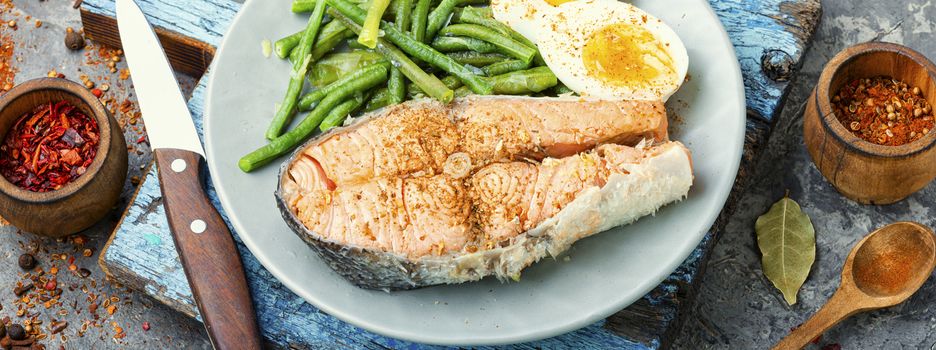 Boiled fish with asparagus and egg.Dietary salmon,boiled salmon