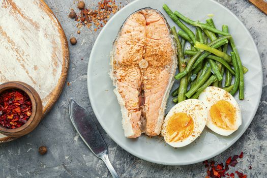 Boiled fish with asparagus and egg.Dietary salmon,boiled salmon