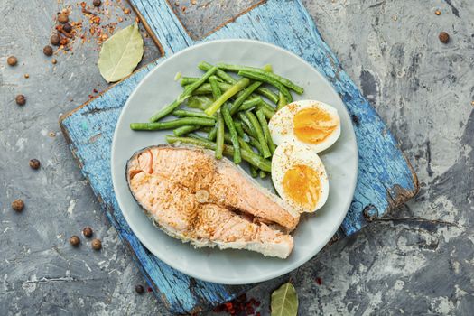 Boiled fish with asparagus and egg.Dietary salmon,boiled salmon