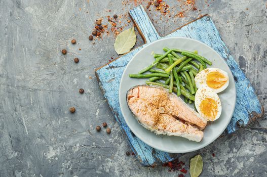 Boiled fish with asparagus and egg.Dietary salmon,boiled salmon