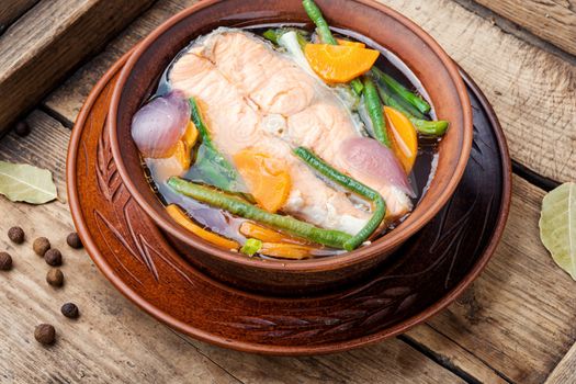 Appetizing dietary boiled salmon or trout.Boiled salmon fillet