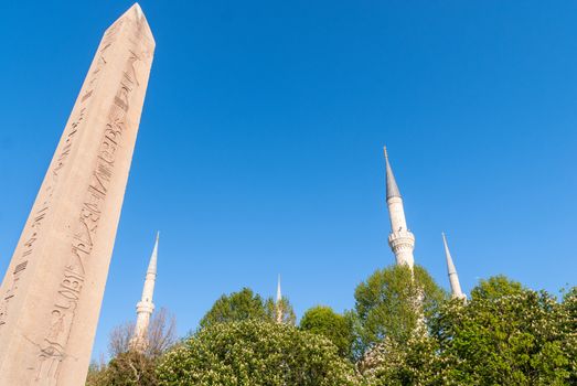 Minaret of Blue Mosque and Egyptian Column, Istanbul Turkey