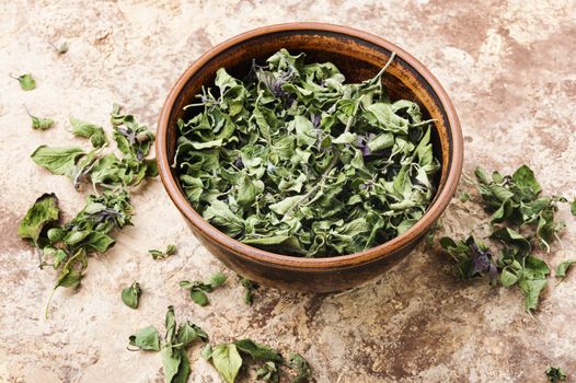 Oregano or marjoram leaves.Bowl of dried oregano leaves.Dried oregano seasoning