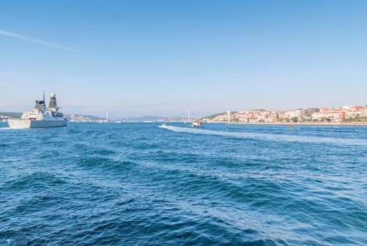 Panoramic view of Istanbul. Panorama cityscape of famous tourist destination Bosphorus strait channel. Travel landscape Bosporus, Turkey, Europe and Asia.