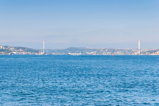 Panoramic view of Istanbul. Panorama cityscape of famous tourist destination Bosphorus strait channel. Travel landscape Bosporus, Turkey, Europe and Asia.