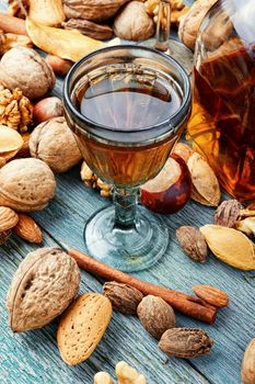 Fragrant nutty liquor tincture.Walnut liquor, sweet table alcoholic drink