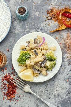 Plate of iItalian pasta with broccoli.Italian food