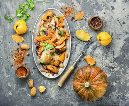Chicken, pumpkin and vegetable meat stew.Autumn food.