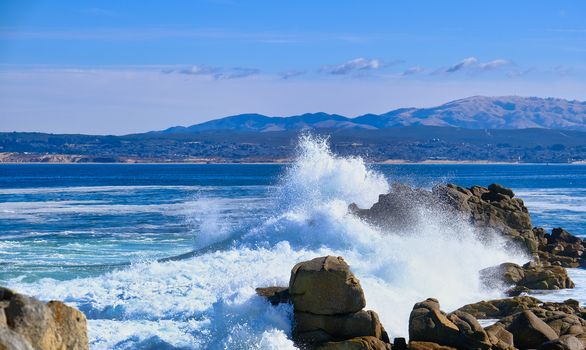 Surf Crashing on Pacific Rocks Near Monterey