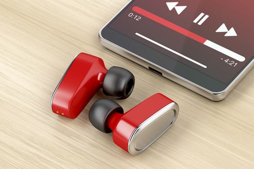Red wireless headphones and smartphone on wood table 