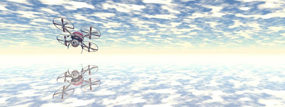 very beautiful landscape of nature with a white drone in flight - 3d rendering