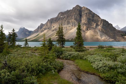 Beautiful Bow Lake on a cloudy day, Icefield Parkway, Banff National Park, Alberta, Canada