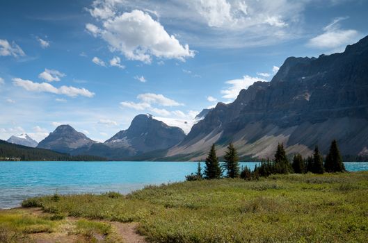Beautiful Bow Lake on a sunny day, Icefield Parkway, Banff National Park, Alberta, Canada