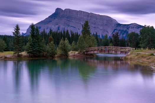 Panoramic image of early morning mood on Cascade Ponds with Mount Rundle in the background, Banff National Park, Alberta, Canada