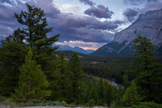 Panoramic image of the landscape close to Banff during sunset, Alberta, Canada