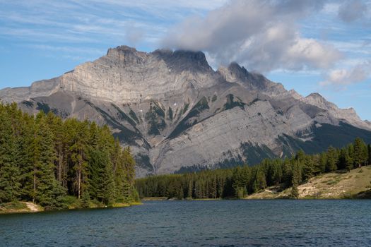 Panoramic image of Johnson Lake close to Banff, Alberta, Canada