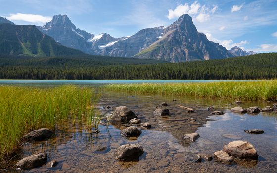 Beautiful Waterfowl Lake on a sunny day, Icefield Parkway, Banff National Park, Alberta, Canada
