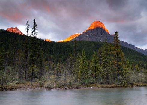 Panoramic image of the Waterfowl Lakes at sunrise, Banff National Park, Icefield Parkway, Alberta, Canada