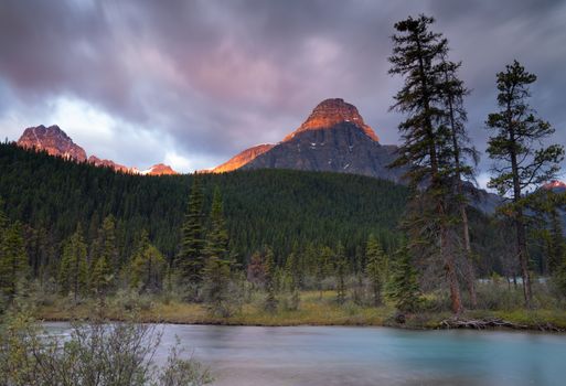 Panoramic image of the Waterfowl Lakes at sunrise, Banff National Park, Icefield Parkway, Alberta, Canada