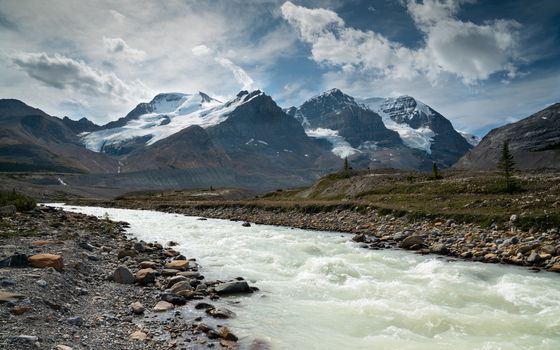Panoramic image of the glacier landscape within the Jasper National Park, Rocky Mountains, Alberta, Canada