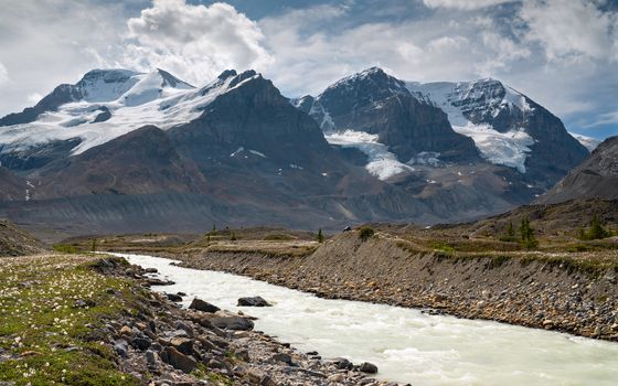 Panoramic image of the glacier landscape within the Jasper National Park, Rocky Mountains, Alberta, Canada