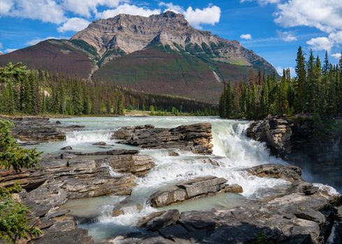Panoramic image of the Athabasca Falls, beautiful place close to the Icefields Parkway, Jasper National Park, Alberta, Canada
