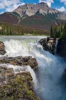 Panoramic image of the Athabasca Falls, beautiful place close to the Icefields Parkway, Jasper National Park, Alberta, Canada