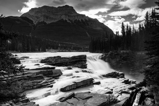 Panoramic image of the Athabasca Falls, beautiful place close to the Icefields Parkway, Jasper National Park, Alberta, Canada