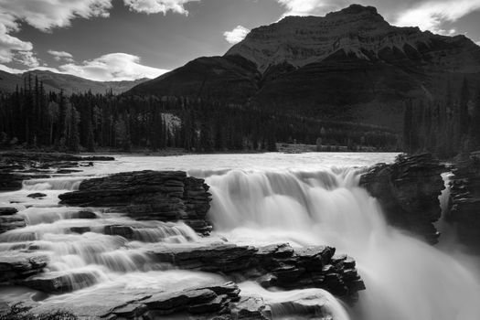 Panoramic image of the Athabasca Falls, beautiful place close to the Icefields Parkway, Jasper National Park, Alberta, Canada