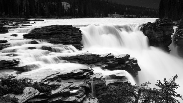 Panoramic image of the Athabasca Falls, beautiful place close to the Icefields Parkway, Jasper National Park, Alberta, Canada