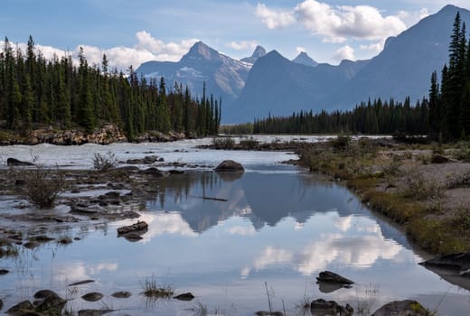 Panoramic image of the Athabasca River, Jasper National Park, Rocky Mountains, Alberta, Canada