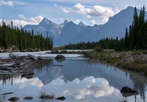 Panoramic image of the Athabasca River, Jasper National Park, Rocky Mountains, Alberta, Canada