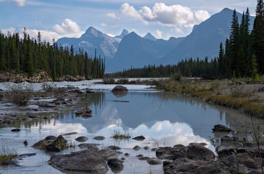 Panoramic image of the Athabasca River, Jasper National Park, Rocky Mountains, Alberta, Canada