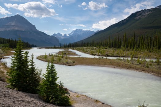 Panoramic image of the Athabasca River, Jasper National Park, Rocky Mountains, Alberta, Canada