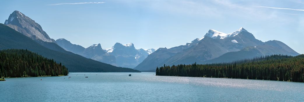 Panoramic image of the Maligne Lake close to Jasper with early morning mood, Alberta, Canada