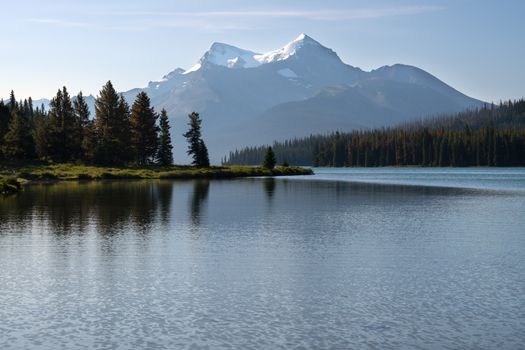 Panoramic image of the Maligne Lake close to Jasper with early morning mood, Alberta, Canada