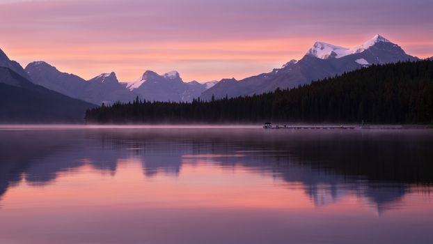 Long exposure panoramic image of the Maligne Lake close to Jasper with early morning mood, Alberta, Canada