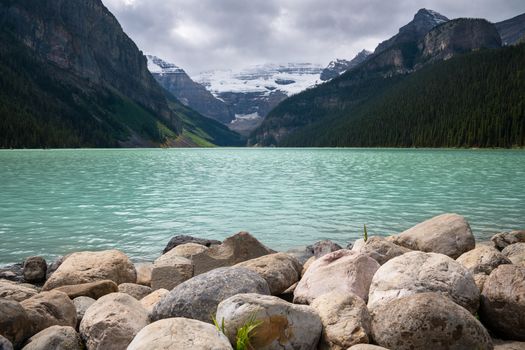 Beautiful Lake Louise on a cloudy day, Banff National Park, Alberta, Canada