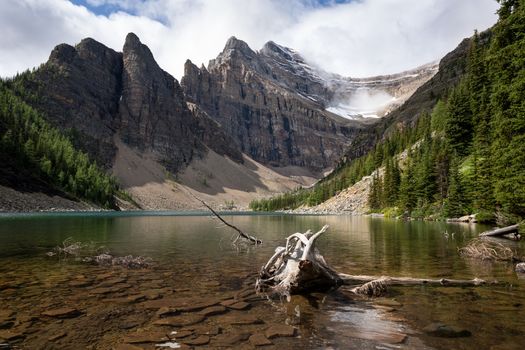 Panoramic image of Lake Agnes, a quiet place surrounded by the Rocky Mountains close to Lake Louise, Banff National Park, Alberta, Canada