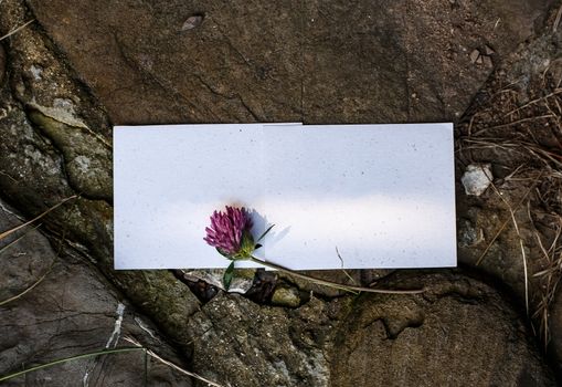 Wedding details flat lay on stone background. Wedding invitation. Ring box. Copyspace. Mock up. Clover