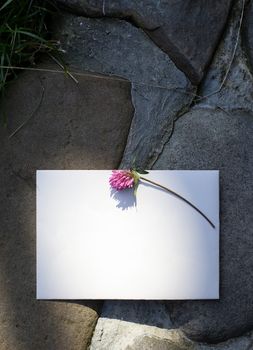 Wedding details flat lay on stone background. Wedding invitation. Ring box. Copyspace. Mock up. Clover