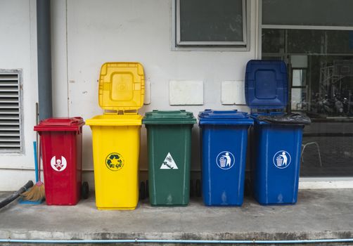 Garbage Trash Bins for collecting a recycle materials. Garbage trash bins for waste segregation. Separate waste collection food waste, plastic, paper and danger waste. Recycling. Environment