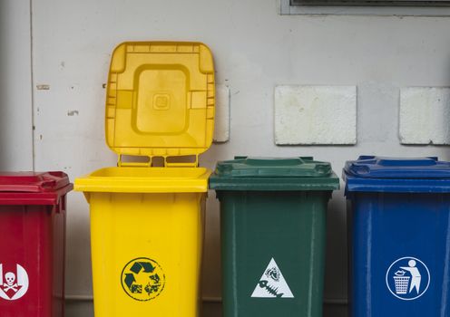 Garbage Trash Bins for collecting a recycle materials. Garbage trash bins for waste segregation. Separate waste collection food waste, plastic, paper and danger waste. Recycling. Environment