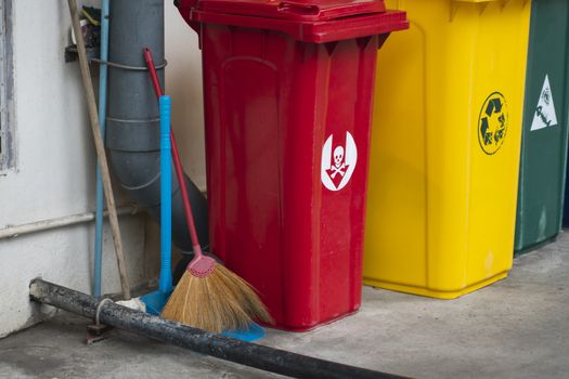 Garbage Trash Bins for collecting a recycle materials. Garbage trash bins for waste segregation. Separate waste collection food waste, plastic, paper and danger waste. Recycling. Environment