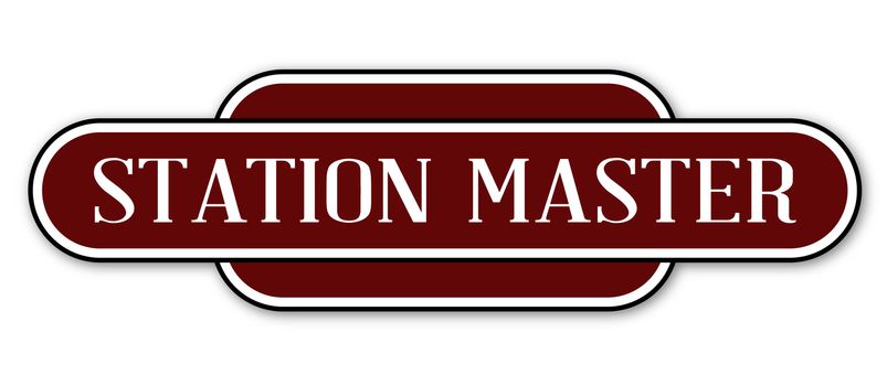 A station master station name plate over a white background