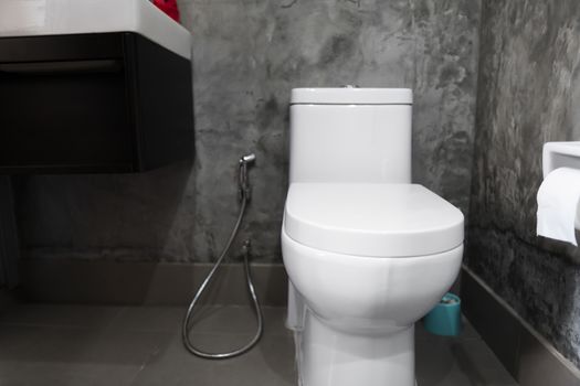 White hanging toilet seat on white toilet in the home bathroom with grey tiles in concrete style and toilet paper on the wall. Bathroom luxury interior