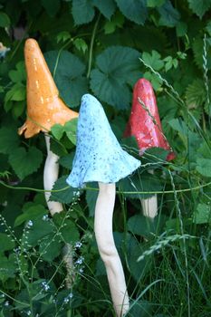 Three Handmade Mushrooms, White stem and colorful caps